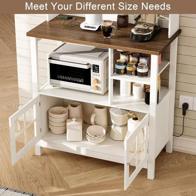 Alt view image 4 of 7 - ChooChoo Farmhouse Bakers Rack with Power Outlets and Storage, Coffee Bar Cabinet with Storage, Microwave Stand Kitchen Cabinet with Hutch and 6 Hooks, Soft White & Brown
