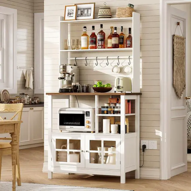 Alt view image 3 of 7 - ChooChoo Farmhouse Bakers Rack with Power Outlets and Storage, Coffee Bar Cabinet with Storage, Microwave Stand Kitchen Cabinet with Hutch and 6 Hooks, Soft White & Brown