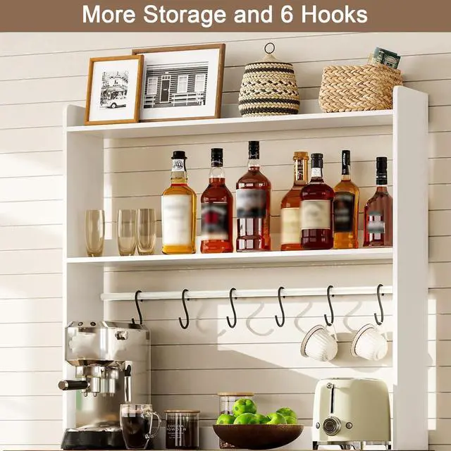 Alt view image 5 of 7 - ChooChoo Farmhouse Bakers Rack with Power Outlets and Storage, Coffee Bar Cabinet with Storage, Microwave Stand Kitchen Cabinet with Hutch and 6 Hooks, Soft White & Brown