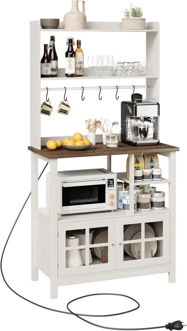 Alt view image 7 of 7 - ChooChoo Farmhouse Bakers Rack with Power Outlets and Storage, Coffee Bar Cabinet with Storage, Microwave Stand Kitchen Cabinet with Hutch and 6 Hooks, Soft White & Brown