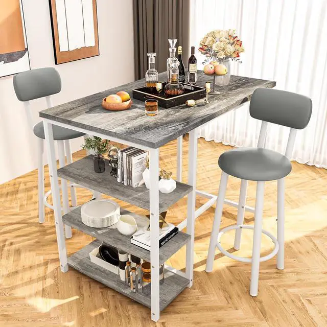 Main image of DKLGG Dining Table Set for 2, Counter Height Pub Table with 2 PU Leather Widen Backrest Bar Stools & 3 Storage Shelves, Bar and Chairs Set for Small Space Kitchen, Dining Room, Bar, Grey