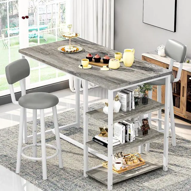 Alt view image 2 of 7 - DKLGG Dining Table Set for 2, Counter Height Pub Table with 2 PU Leather Widen Backrest Bar Stools & 3 Storage Shelves, Bar and Chairs Set for Small Space Kitchen, Dining Room, Bar, Grey
