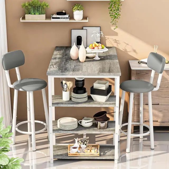 Alt view image 3 of 7 - DKLGG Dining Table Set for 2, Counter Height Pub Table with 2 PU Leather Widen Backrest Bar Stools & 3 Storage Shelves, Bar and Chairs Set for Small Space Kitchen, Dining Room, Bar, Grey