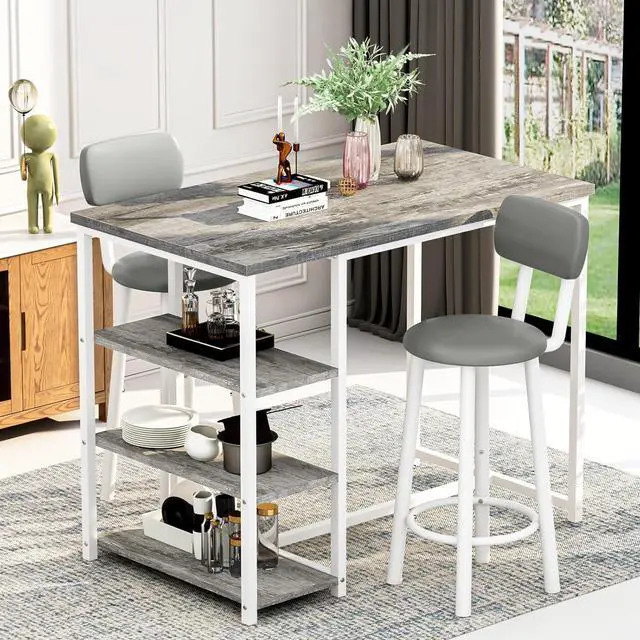 Alt view image 4 of 7 - DKLGG Dining Table Set for 2, Counter Height Pub Table with 2 PU Leather Widen Backrest Bar Stools & 3 Storage Shelves, Bar and Chairs Set for Small Space Kitchen, Dining Room, Bar, Grey