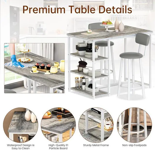 Alt view image 5 of 7 - DKLGG Dining Table Set for 2, Counter Height Pub Table with 2 PU Leather Widen Backrest Bar Stools & 3 Storage Shelves, Bar and Chairs Set for Small Space Kitchen, Dining Room, Bar, Grey