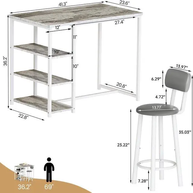 Alt view image 6 of 7 - DKLGG Dining Table Set for 2, Counter Height Pub Table with 2 PU Leather Widen Backrest Bar Stools & 3 Storage Shelves, Bar and Chairs Set for Small Space Kitchen, Dining Room, Bar, Grey