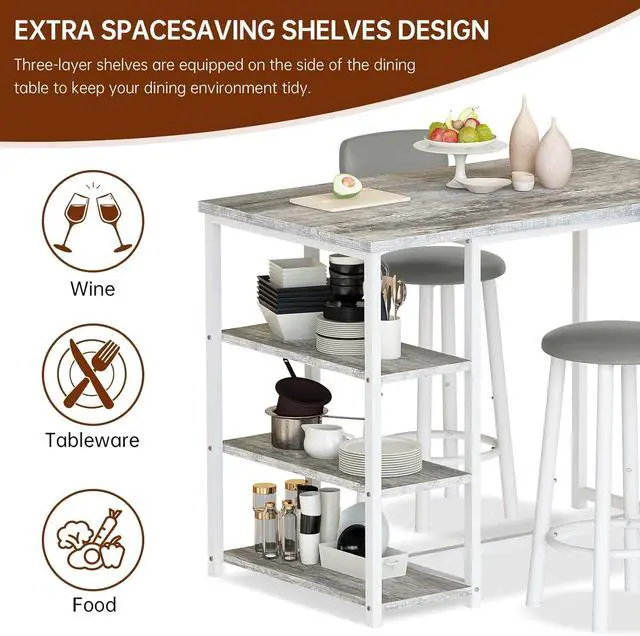 Alt view image 7 of 7 - DKLGG Dining Table Set for 2, Counter Height Pub Table with 2 PU Leather Widen Backrest Bar Stools & 3 Storage Shelves, Bar and Chairs Set for Small Space Kitchen, Dining Room, Bar, Grey