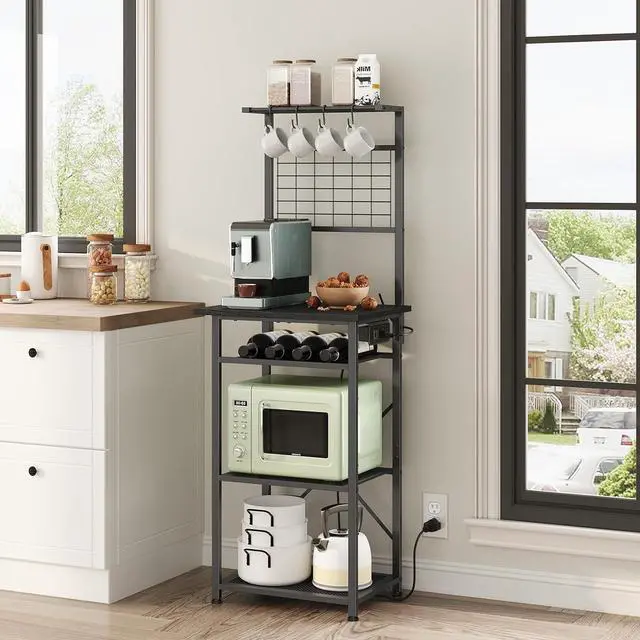 Main image of Bakers Rack with Power Outlet, Coffee Bar Station with Wine Rack, Bakers Racks for Small Spaces, Microwave Stand for Kitchen, Black BRBK23E01