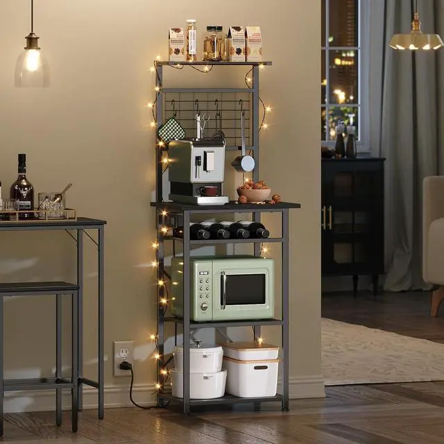 Alt view image 2 of 7 - Bakers Rack with Power Outlet, Coffee Bar Station with Wine Rack, Bakers Racks for Small Spaces, Microwave Stand for Kitchen, Black BRBK23E01