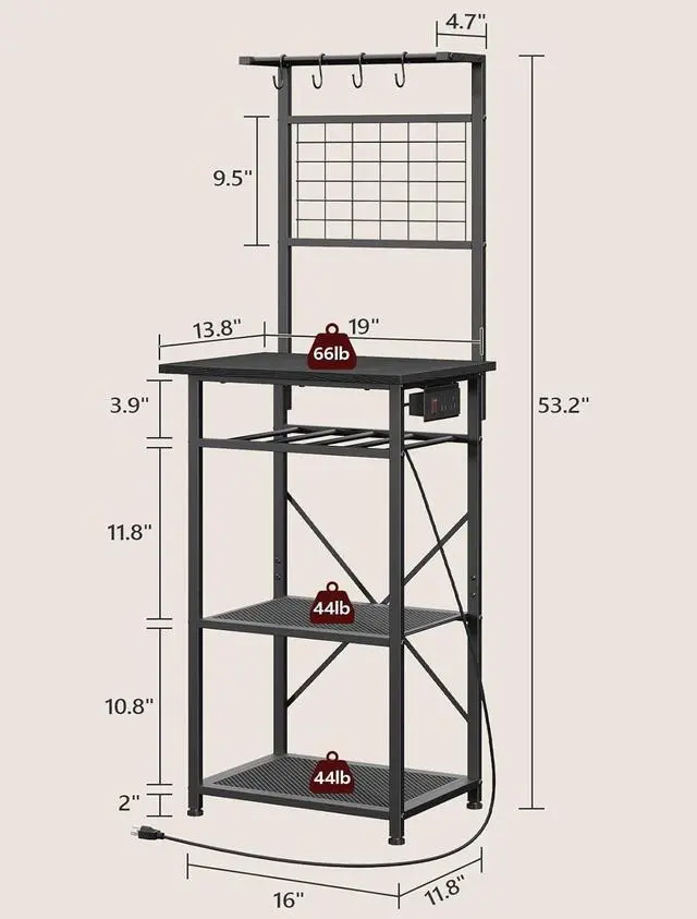 Alt view image 3 of 7 - Bakers Rack with Power Outlet, Coffee Bar Station with Wine Rack, Bakers Racks for Small Spaces, Microwave Stand for Kitchen, Black BRBK23E01
