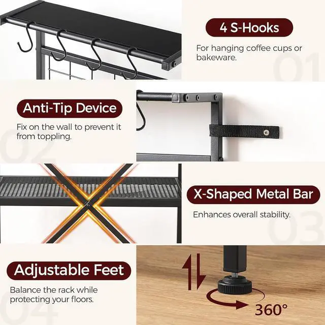 Alt view image 6 of 7 - Bakers Rack with Power Outlet, Coffee Bar Station with Wine Rack, Bakers Racks for Small Spaces, Microwave Stand for Kitchen, Black BRBK23E01
