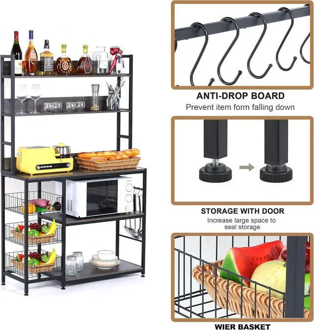 Alt view image 5 of 7 - Kitchen Bakers Rack with Baskets,5-Tier Utility Storage Shelf with Hooks, Microwave Oven Stand Rack, Free Standing Kitchen Shelf Vintage Grey