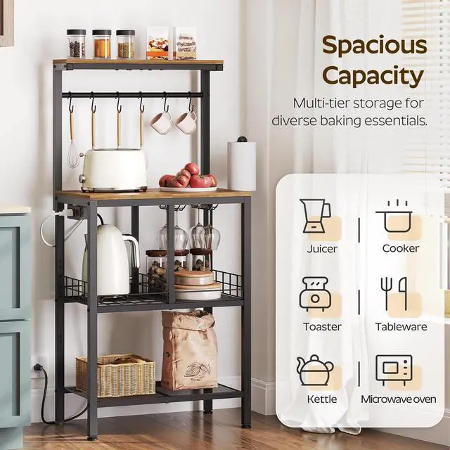 Alt view image 4 of 7 - Bakers Rack with Power Outlet, Microwave Stand, Coffee Bar Table with Wine Glass Holder and Paper Holder, 4-Tier Kitchen Storage Rack for Dining Room, Living Room, Rustic Brown HB02UBR