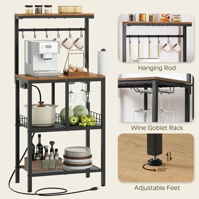 Alt view image 6 of 7 - Bakers Rack with Power Outlet, Microwave Stand, Coffee Bar Table with Wine Glass Holder and Paper Holder, 4-Tier Kitchen Storage Rack for Dining Room, Living Room, Rustic Brown HB02UBR