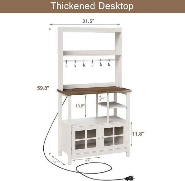 Alt view image 6 of 7 - ChooChoo Farmhouse Bakers Rack with Power Outlets and Storage, Coffee Bar Cabinet with Storage, Microwave Stand Kitchen Cabinet with Hutch and 6 Hooks, Soft White & Brown