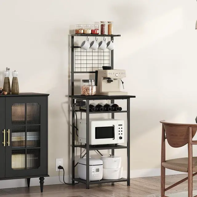 Alt view image 4 of 7 - Bakers Rack with Power Outlet, Coffee Bar Station with Wine Rack, Bakers Racks for Small Spaces, Microwave Stand for Kitchen, Black BRBK23E01