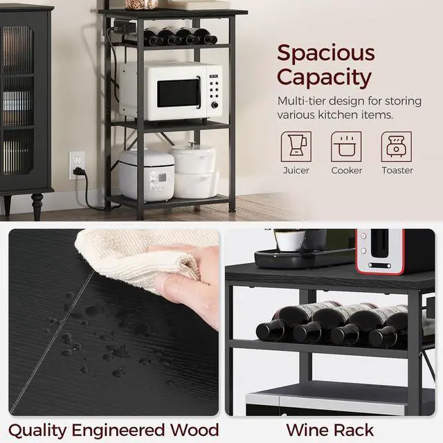 Alt view image 7 of 7 - Bakers Rack with Power Outlet, Coffee Bar Station with Wine Rack, Bakers Racks for Small Spaces, Microwave Stand for Kitchen, Black BRBK23E01