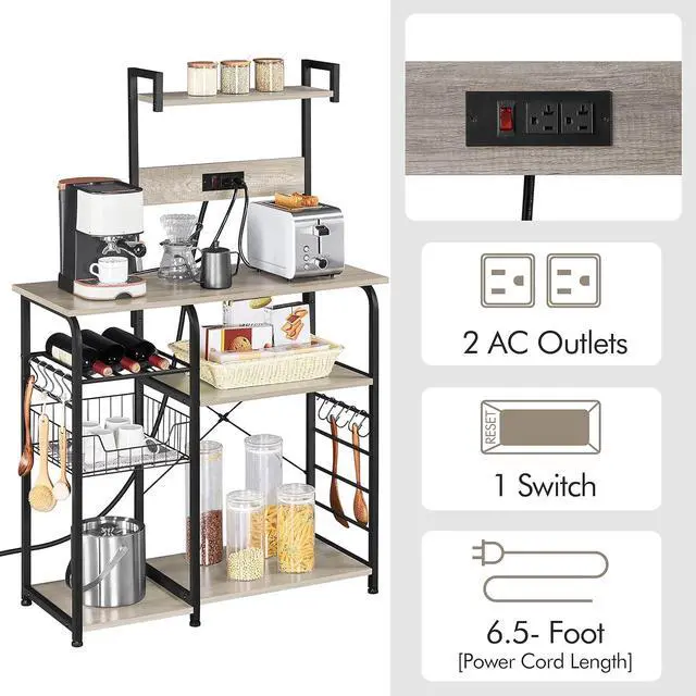 Alt view image 3 of 7 - Yaheetech Bakers Rack with Power Outlet, 4-Tier Microwave Stand Cart Coffee Bar with Wire Basket and Wine Storage, Freestanding Kitchen Shelf Extra Counter Space, Gray