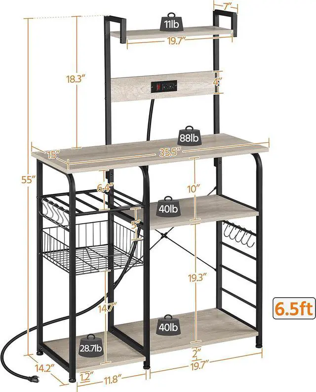 Alt view image 4 of 7 - Yaheetech Bakers Rack with Power Outlet, 4-Tier Microwave Stand Cart Coffee Bar with Wire Basket and Wine Storage, Freestanding Kitchen Shelf Extra Counter Space, Gray