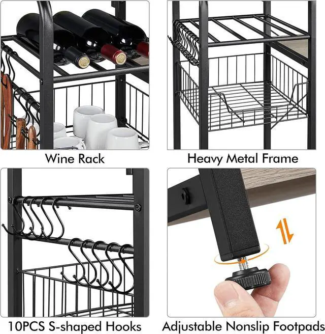 Alt view image 5 of 7 - Yaheetech Bakers Rack with Power Outlet, 4-Tier Microwave Stand Cart Coffee Bar with Wire Basket and Wine Storage, Freestanding Kitchen Shelf Extra Counter Space, Gray