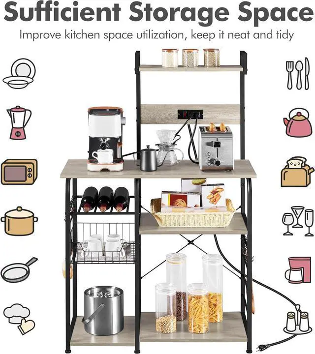 Alt view image 7 of 7 - Yaheetech Bakers Rack with Power Outlet, 4-Tier Microwave Stand Cart Coffee Bar with Wire Basket and Wine Storage, Freestanding Kitchen Shelf Extra Counter Space, Gray