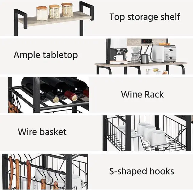 Alt view image 6 of 7 - Yaheetech Bakers Rack with Power Outlet, 4-Tier Microwave Stand Cart Coffee Bar with Wire Basket and Wine Storage, Freestanding Kitchen Shelf Extra Counter Space, Gray