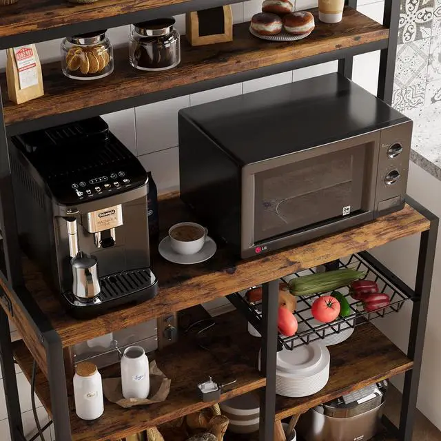 Alt view image 6 of 7 - IDEALHOUSE Bakers Rack with Power Outlet, Coffee Bar with Wire Drawer, Industrial Microwave Stand, Kitchen Buffet Table with Large Storage, 6-Tier Kitchen Storage Rack with Hutch, Rustic Brown