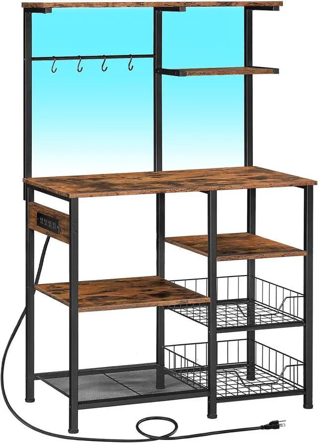 Main image of HOOBRO Bakers Rack with Power Outlet and LED Light, 6-Tier Microwave Stand with Wire Baskets, Coffee Bar Station, Kitchen Utility Storage Shelf with 4 Hooks, Rustic Brown and Black BF64UDHB01