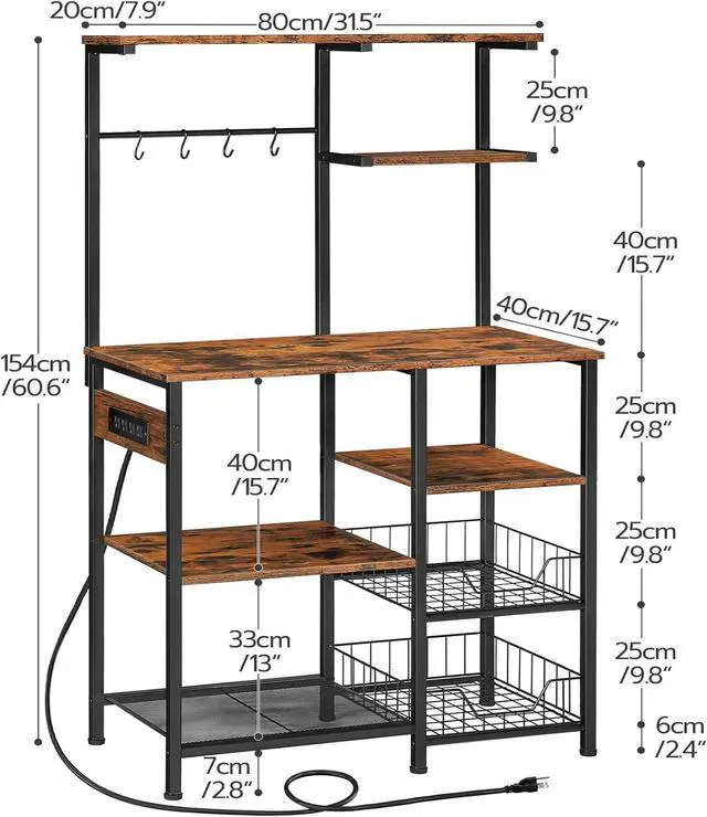 Alt view image 3 of 7 - HOOBRO Bakers Rack with Power Outlet and LED Light, 6-Tier Microwave Stand with Wire Baskets, Coffee Bar Station, Kitchen Utility Storage Shelf with 4 Hooks, Rustic Brown and Black BF64UDHB01
