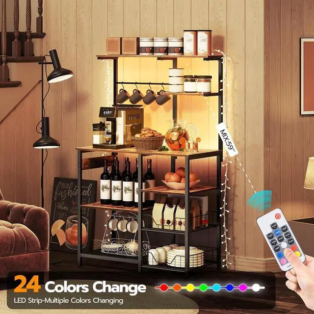 Alt view image 4 of 7 - HOOBRO Bakers Rack with Power Outlet and LED Light, 6-Tier Microwave Stand with Wire Baskets, Coffee Bar Station, Kitchen Utility Storage Shelf with 4 Hooks, Rustic Brown and Black BF64UDHB01