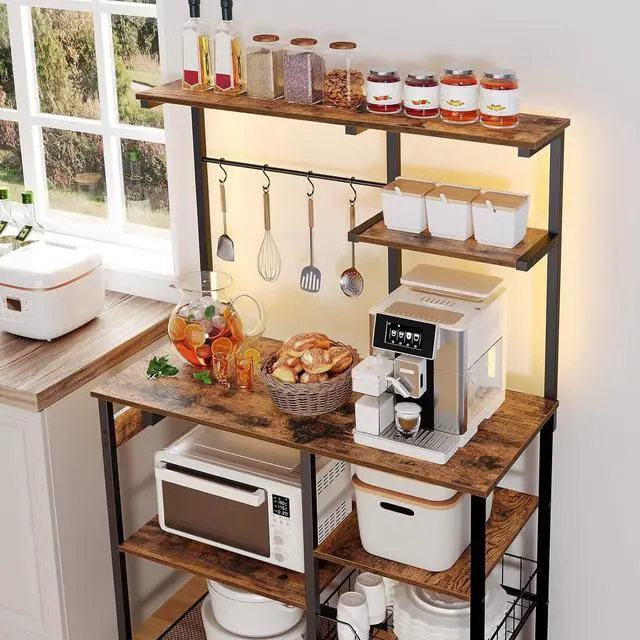 Alt view image 5 of 7 - HOOBRO Bakers Rack with Power Outlet and LED Light, 6-Tier Microwave Stand with Wire Baskets, Coffee Bar Station, Kitchen Utility Storage Shelf with 4 Hooks, Rustic Brown and Black BF64UDHB01