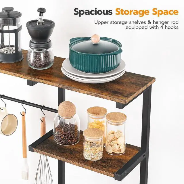 Alt view image 7 of 7 - HOOBRO Bakers Rack with Power Outlet and LED Light, 6-Tier Microwave Stand with Wire Baskets, Coffee Bar Station, Kitchen Utility Storage Shelf with 4 Hooks, Rustic Brown and Black BF64UDHB01