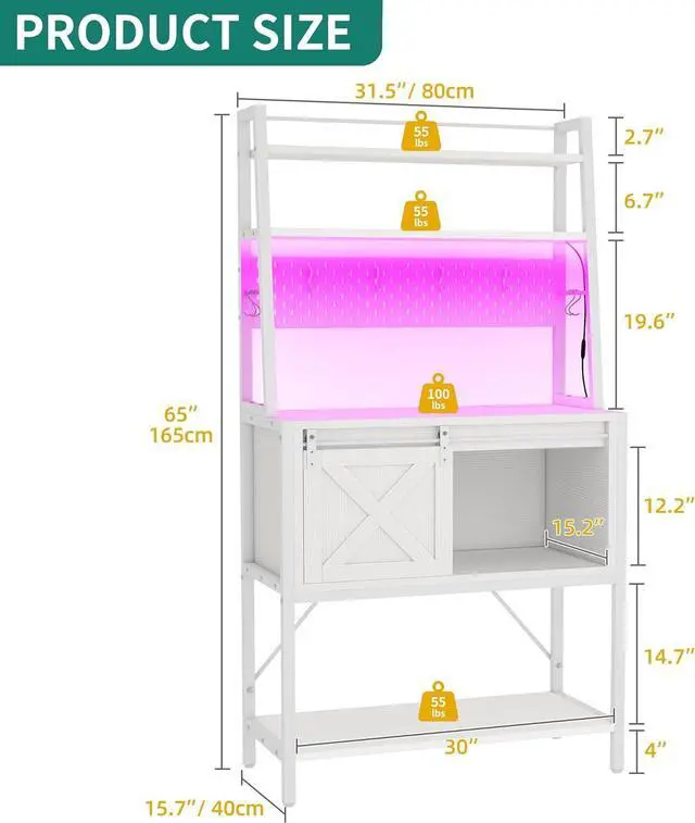 Alt view image 2 of 7 - YITAHOME White Bakers Rack with Power Outlet and LED Light, 4-Tiers Microwave Stand Cabinet with Sliding Storage Drawer Barn Door, Farmhouse Kitchen Tall Coffee Bar Table with Shelf and 8 Hooks