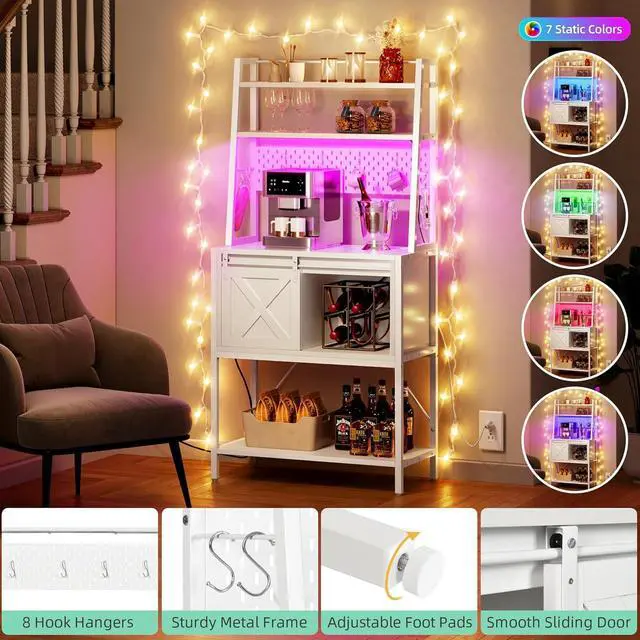 Alt view image 3 of 7 - YITAHOME White Bakers Rack with Power Outlet and LED Light, 4-Tiers Microwave Stand Cabinet with Sliding Storage Drawer Barn Door, Farmhouse Kitchen Tall Coffee Bar Table with Shelf and 8 Hooks