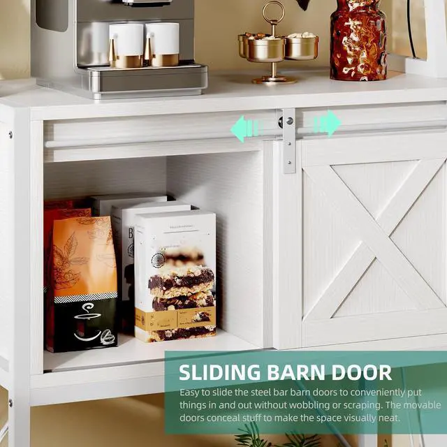 Alt view image 4 of 7 - YITAHOME White Bakers Rack with Power Outlet and LED Light, 4-Tiers Microwave Stand Cabinet with Sliding Storage Drawer Barn Door, Farmhouse Kitchen Tall Coffee Bar Table with Shelf and 8 Hooks