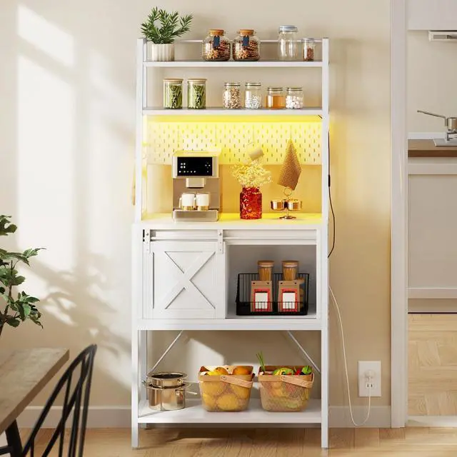 Alt view image 6 of 7 - YITAHOME White Bakers Rack with Power Outlet and LED Light, 4-Tiers Microwave Stand Cabinet with Sliding Storage Drawer Barn Door, Farmhouse Kitchen Tall Coffee Bar Table with Shelf and 8 Hooks