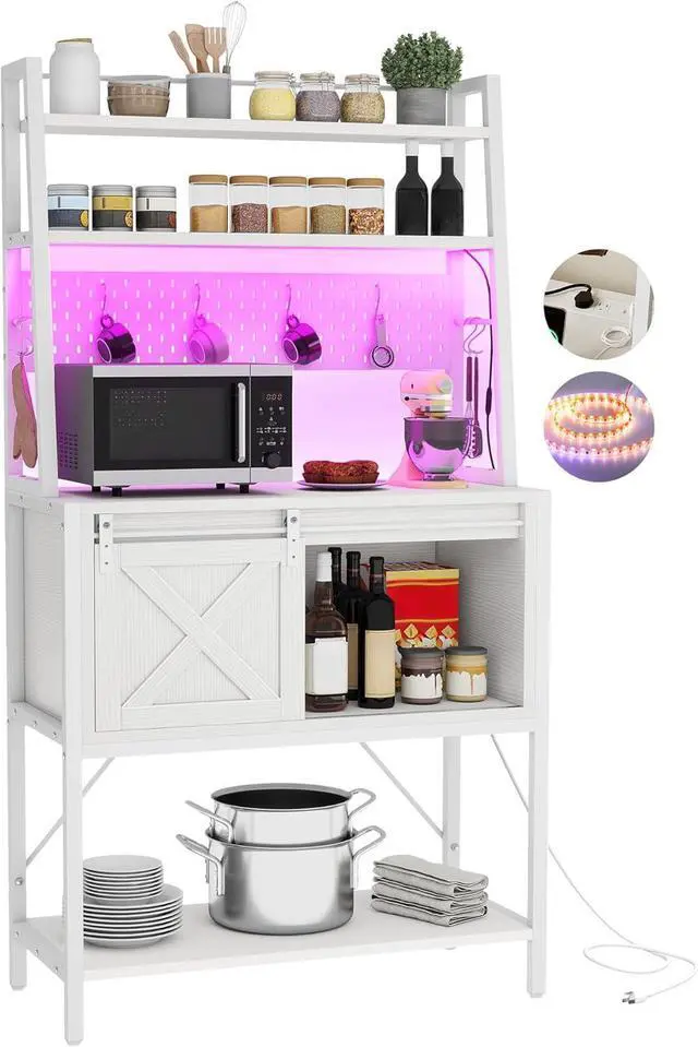 Alt view image 7 of 7 - YITAHOME White Bakers Rack with Power Outlet and LED Light, 4-Tiers Microwave Stand Cabinet with Sliding Storage Drawer Barn Door, Farmhouse Kitchen Tall Coffee Bar Table with Shelf and 8 Hooks