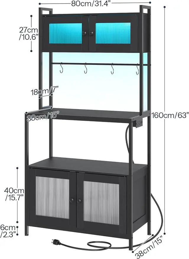 Alt view image 2 of 7 - HOOBRO Bakers Rack with Storage Cabinet, 5-Tier Coffee Bar with Power Outlet and LED Lights, Industrial Microwave Oven Stand with Shelves, Kitchen Storage Shelf with Cabinet, Black BB13UDHB01