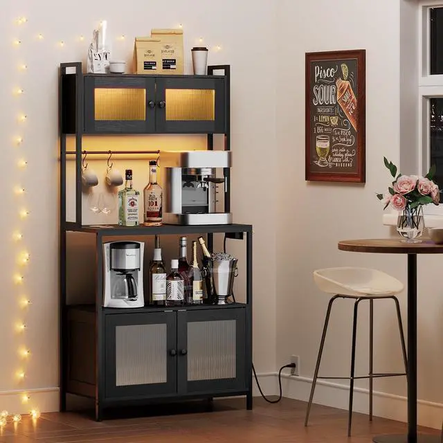 Alt view image 3 of 7 - HOOBRO Bakers Rack with Storage Cabinet, 5-Tier Coffee Bar with Power Outlet and LED Lights, Industrial Microwave Oven Stand with Shelves, Kitchen Storage Shelf with Cabinet, Black BB13UDHB01