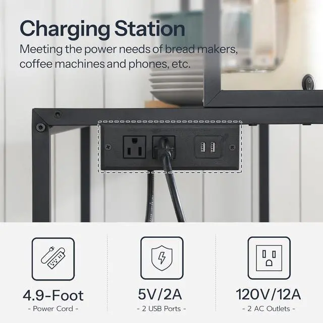 Alt view image 5 of 7 - HOOBRO Bakers Rack with Storage Cabinet, 5-Tier Coffee Bar with Power Outlet and LED Lights, Industrial Microwave Oven Stand with Shelves, Kitchen Storage Shelf with Cabinet, Black BB13UDHB01