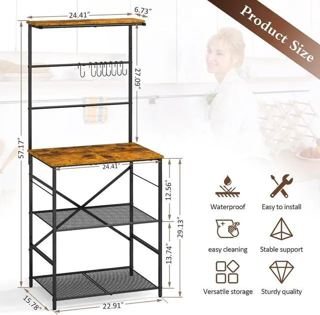 Main image of 4-Tier Farmhouse Coffee Bar Shelf - Stand with 8 S-Shaped Hooks, Large Space Coffee Station Table for Kitchen & Living Room - 24.41" W x 15.78" D x 57.17" H