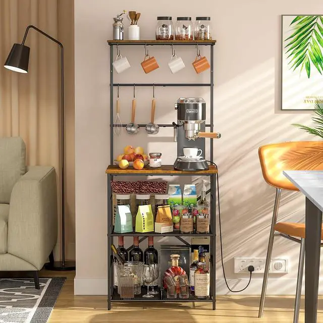 Alt view image 2 of 6 - 4-Tier Farmhouse Coffee Bar Shelf - Stand with 8 S-Shaped Hooks, Large Space Coffee Station Table for Kitchen & Living Room - 24.41" W x 15.78" D x 57.17" H