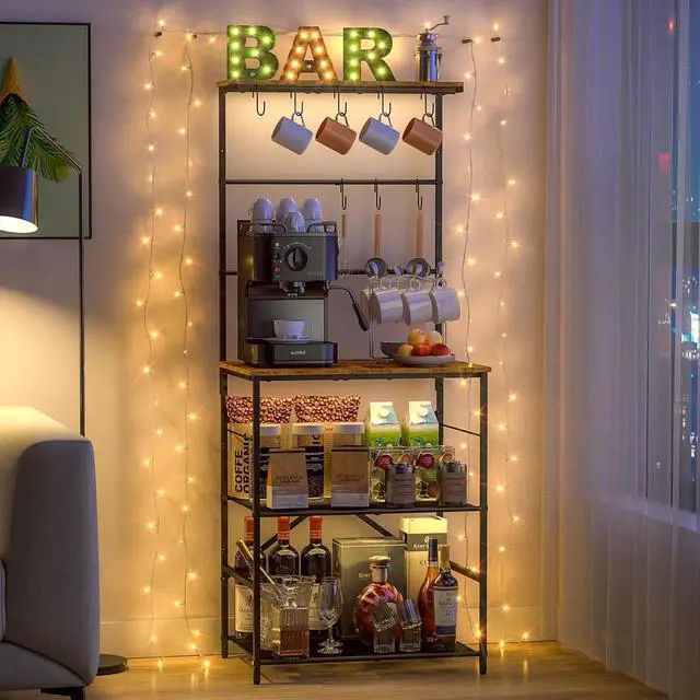 Alt view image 3 of 6 - 4-Tier Farmhouse Coffee Bar Shelf - Stand with 8 S-Shaped Hooks, Large Space Coffee Station Table for Kitchen & Living Room - 24.41" W x 15.78" D x 57.17" H