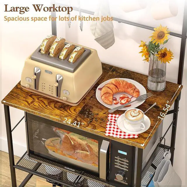 Alt view image 5 of 6 - 4-Tier Farmhouse Coffee Bar Shelf - Stand with 8 S-Shaped Hooks, Large Space Coffee Station Table for Kitchen & Living Room - 24.41" W x 15.78" D x 57.17" H