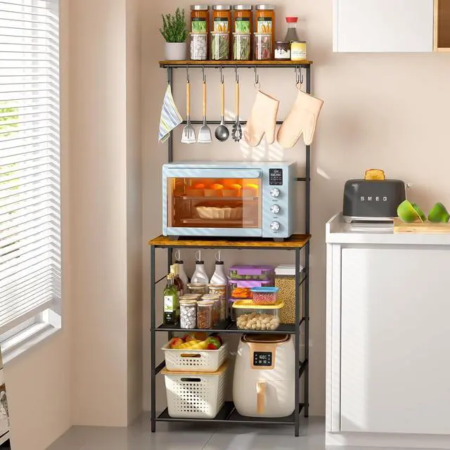 Alt view image 6 of 6 - 4-Tier Farmhouse Coffee Bar Shelf - Stand with 8 S-Shaped Hooks, Large Space Coffee Station Table for Kitchen & Living Room - 24.41" W x 15.78" D x 57.17" H
