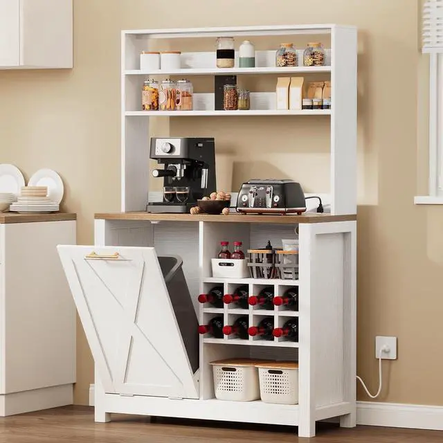 Main image of DWVO Bakers Rack Microwave Stand Cabinet with Trash Can Bin Cabinet and Wine Storage Rack, 6-Tiers Farmhouse Kitchen Tall Thickened Coffee Bar Station with Adjustable Shelf, White
