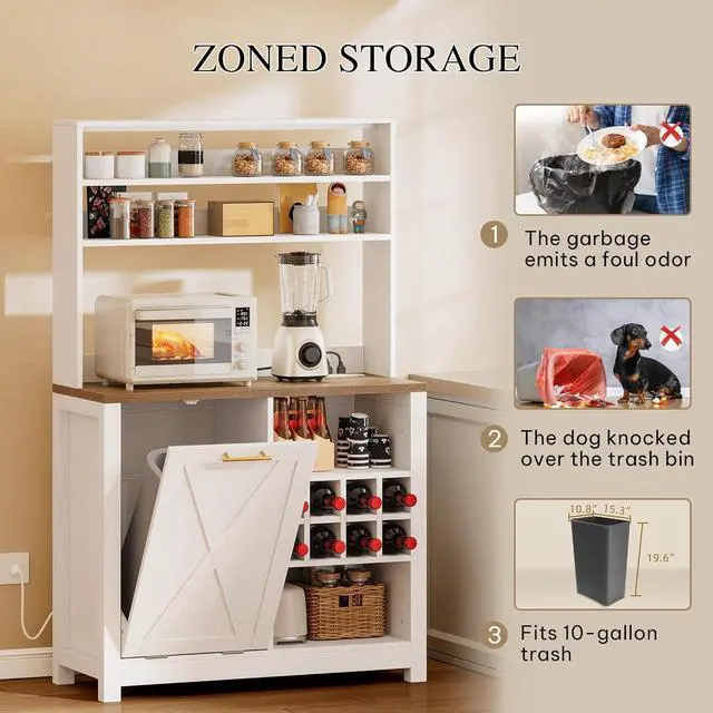 Alt view image 3 of 7 - DWVO Bakers Rack Microwave Stand Cabinet with Trash Can Bin Cabinet and Wine Storage Rack, 6-Tiers Farmhouse Kitchen Tall Thickened Coffee Bar Station with Adjustable Shelf, White