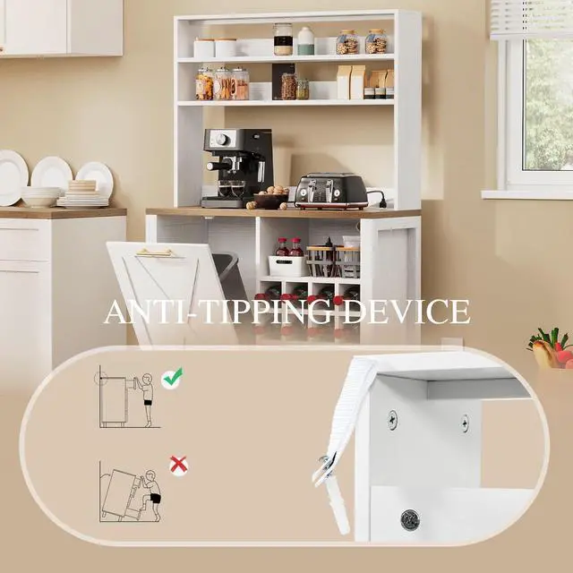 Alt view image 6 of 7 - DWVO Bakers Rack Microwave Stand Cabinet with Trash Can Bin Cabinet and Wine Storage Rack, 6-Tiers Farmhouse Kitchen Tall Thickened Coffee Bar Station with Adjustable Shelf, White