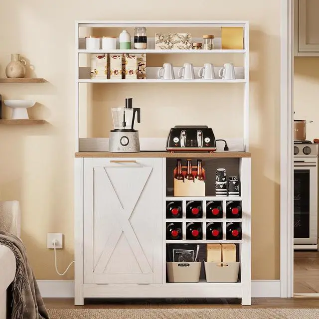 Alt view image 7 of 7 - DWVO Bakers Rack Microwave Stand Cabinet with Trash Can Bin Cabinet and Wine Storage Rack, 6-Tiers Farmhouse Kitchen Tall Thickened Coffee Bar Station with Adjustable Shelf, White