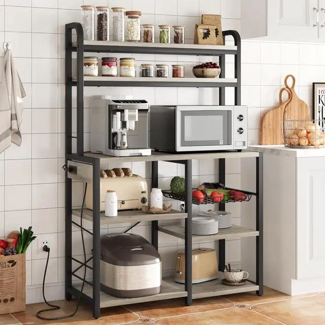 Main image of IDEALHOUSE Bakers Rack with Power Outlet, Coffee Bar with Wire Drawer, Industrial Microwave Stand, Kitchen Buffet Table with Large Storage, 6-Tier Kitchen Storage Rack with Hutch, Rustic Gray